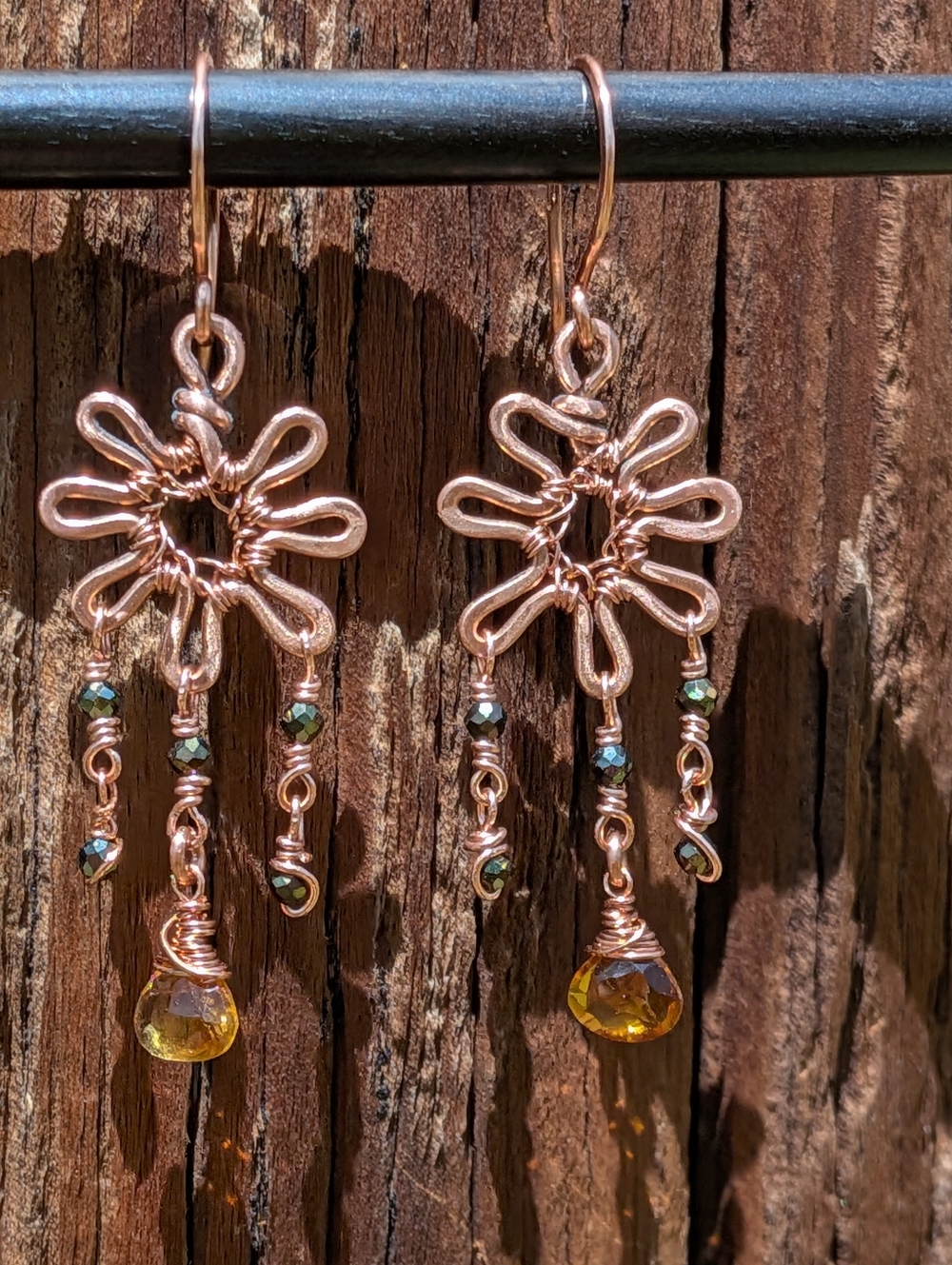 Copper Sunburst Earrings-Cognac Citrine Gems- Artisan Crafted Design-Summer Vibe - Picture 9 of 12